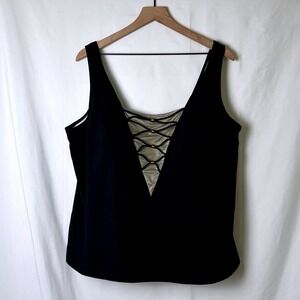 It Figures Womens Lace Up V-Neck Tankini Top Plus Size 26W Black Swim Beach